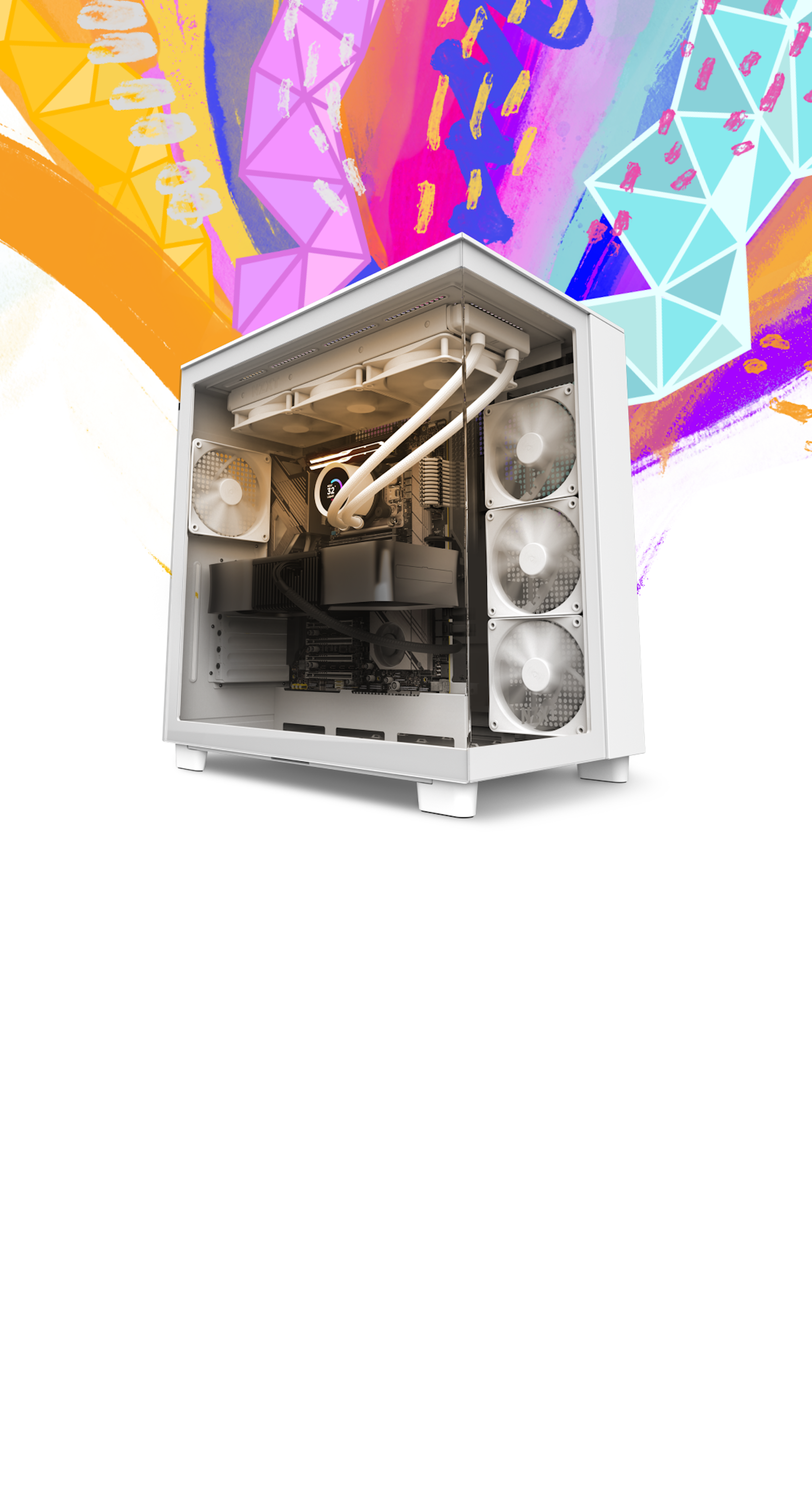 White NZXT Creator PC with orange RGB lighting and paint strokes in background